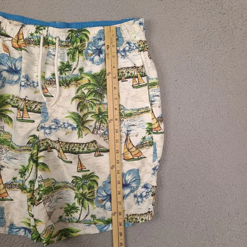 Croft &‎ Barrow Swim Trunks Mens Large White Hawaiian Floral Sailboat Palm Lined